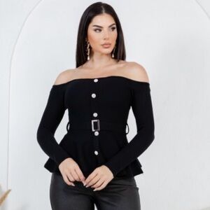 A28. Black Off-Shoulder Peplum Sweater w/ Belt